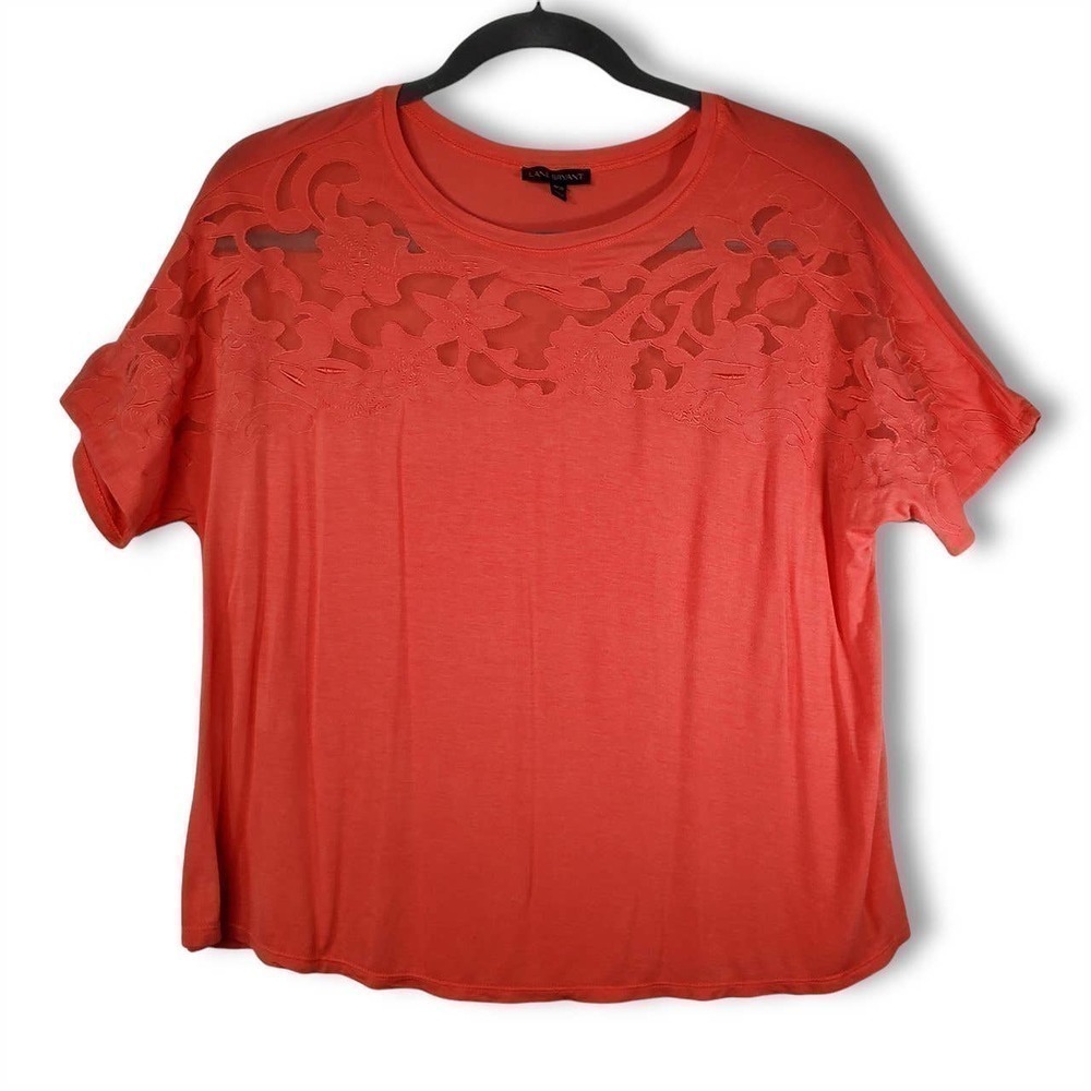 Lane Bryant Floral Mesh Lace Yoke Short Sleeve Tee Coral Pink Size 18/20